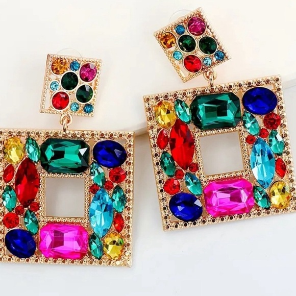 Zara Multi Colored Crystal Square Drop Clip On Earrings - Picture 3 of 12